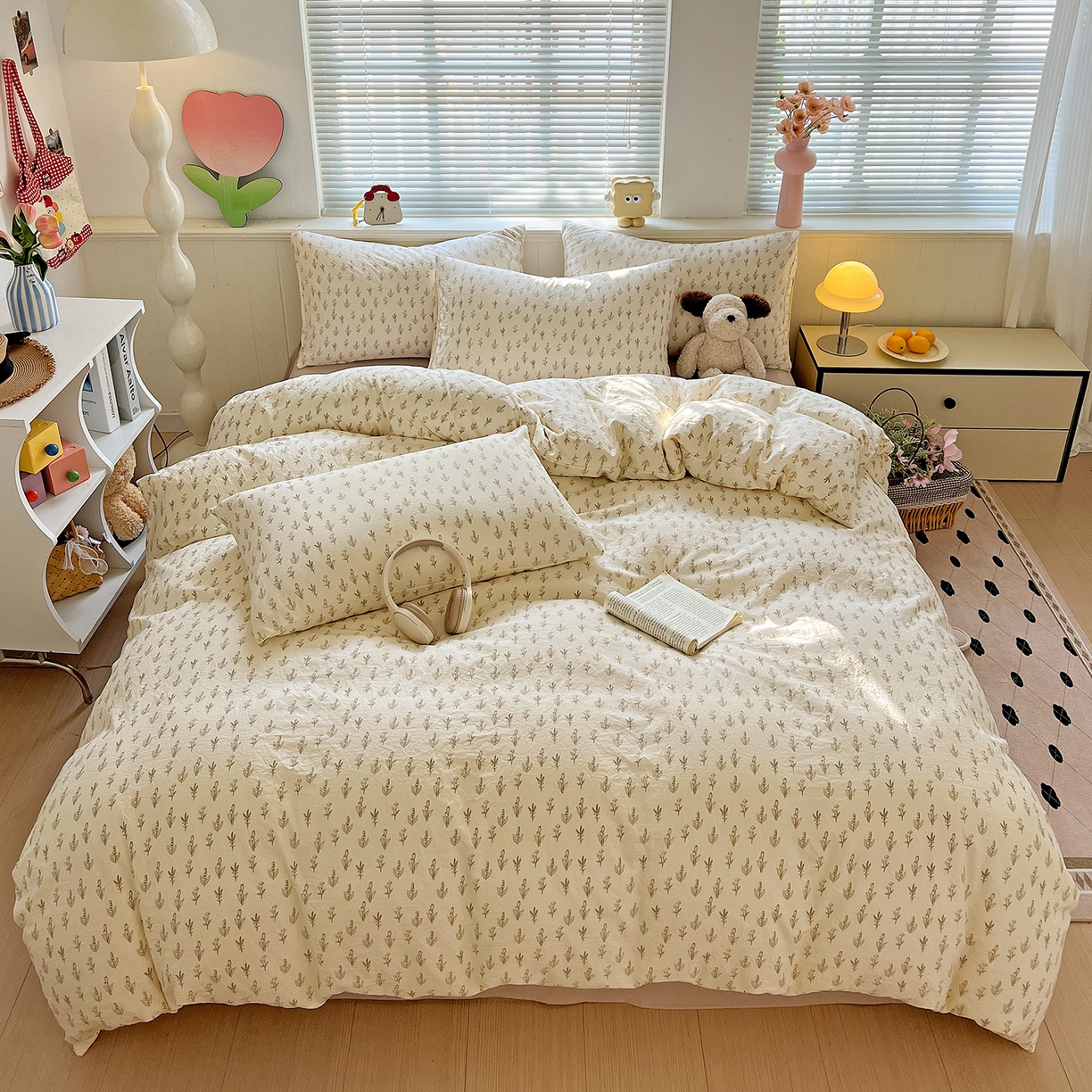 91家纺网 家纺一手货源 找家纺 优选 2025新款加厚爆款小布袋韩国古法水洗棉床单学生三件套床笠款四件套 素叶小筑