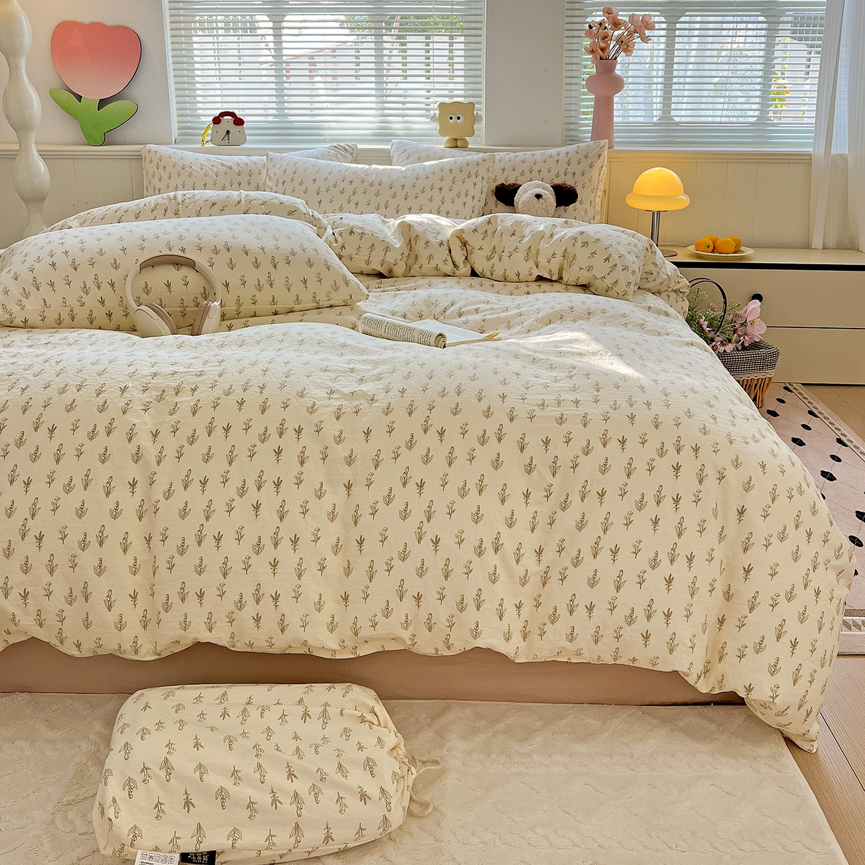 91家纺网 家纺一手货源 找家纺 优选 2025新款加厚爆款小布袋韩国古法水洗棉床单学生三件套床笠款四件套 素叶小筑