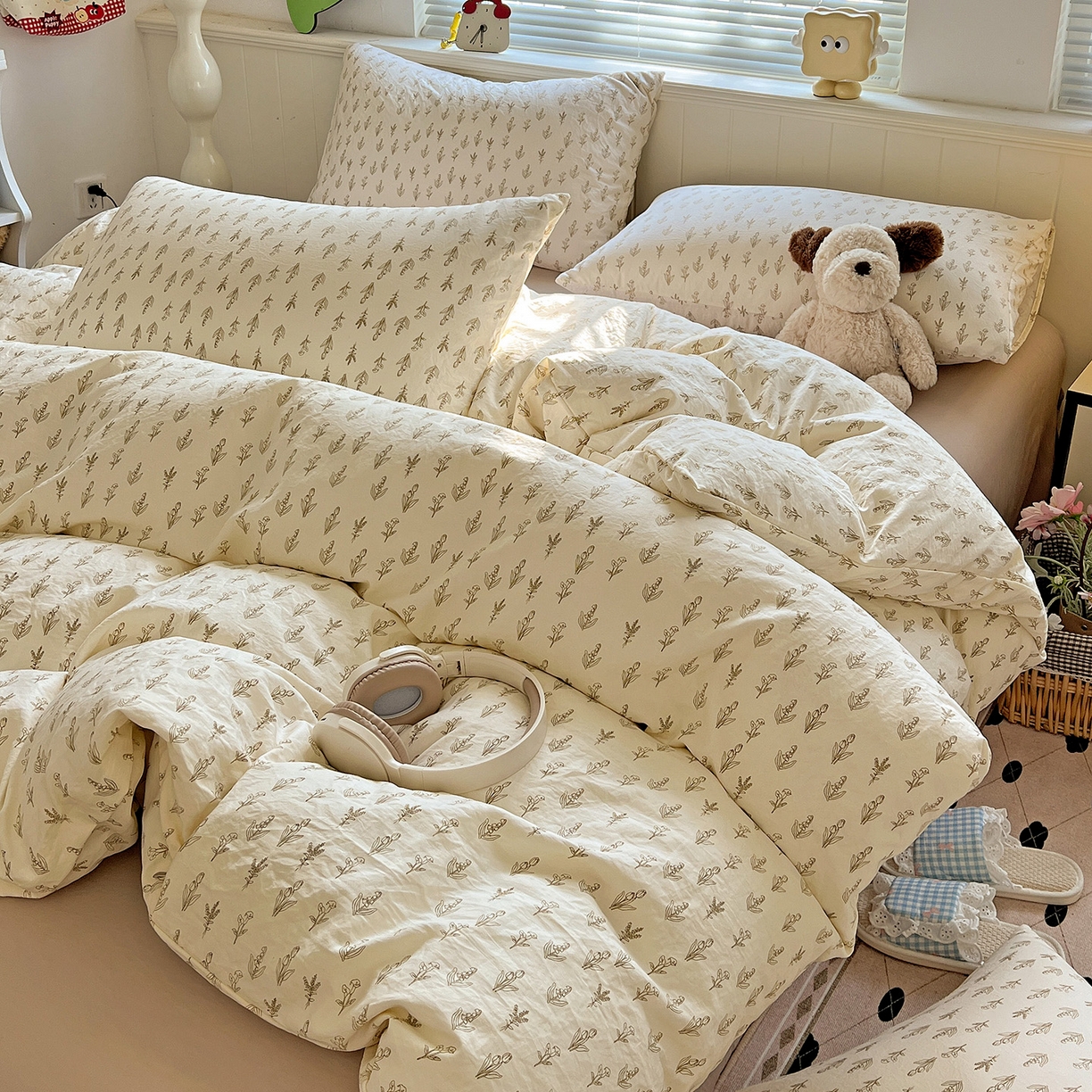 91家纺网 家纺一手货源 找家纺 优选 2025新款加厚爆款小布袋韩国古法水洗棉床单学生三件套床笠款四件套 素叶小筑