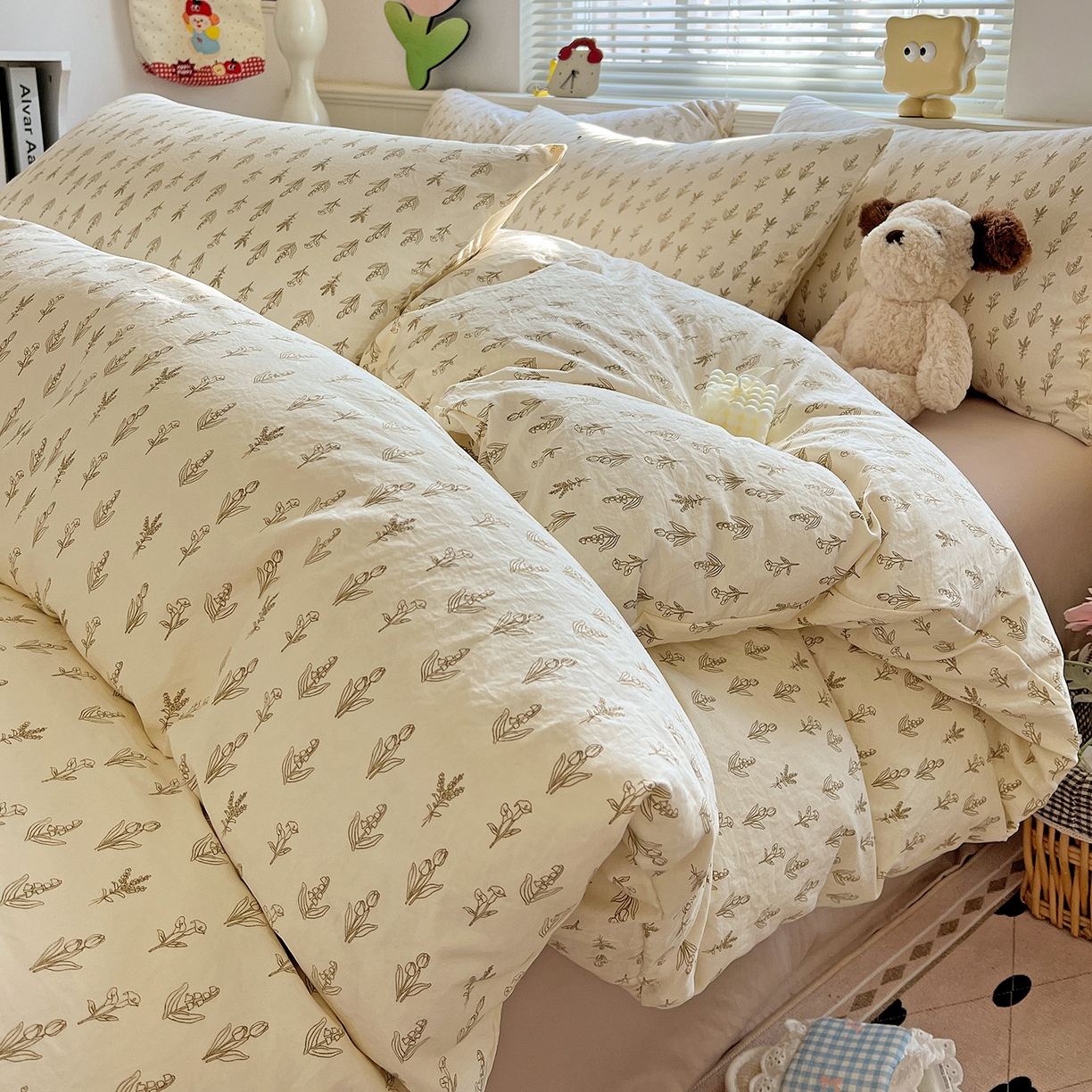 91家纺网 家纺一手货源 找家纺 优选 2025新款加厚爆款小布袋韩国古法水洗棉床单学生三件套床笠款四件套 素叶小筑