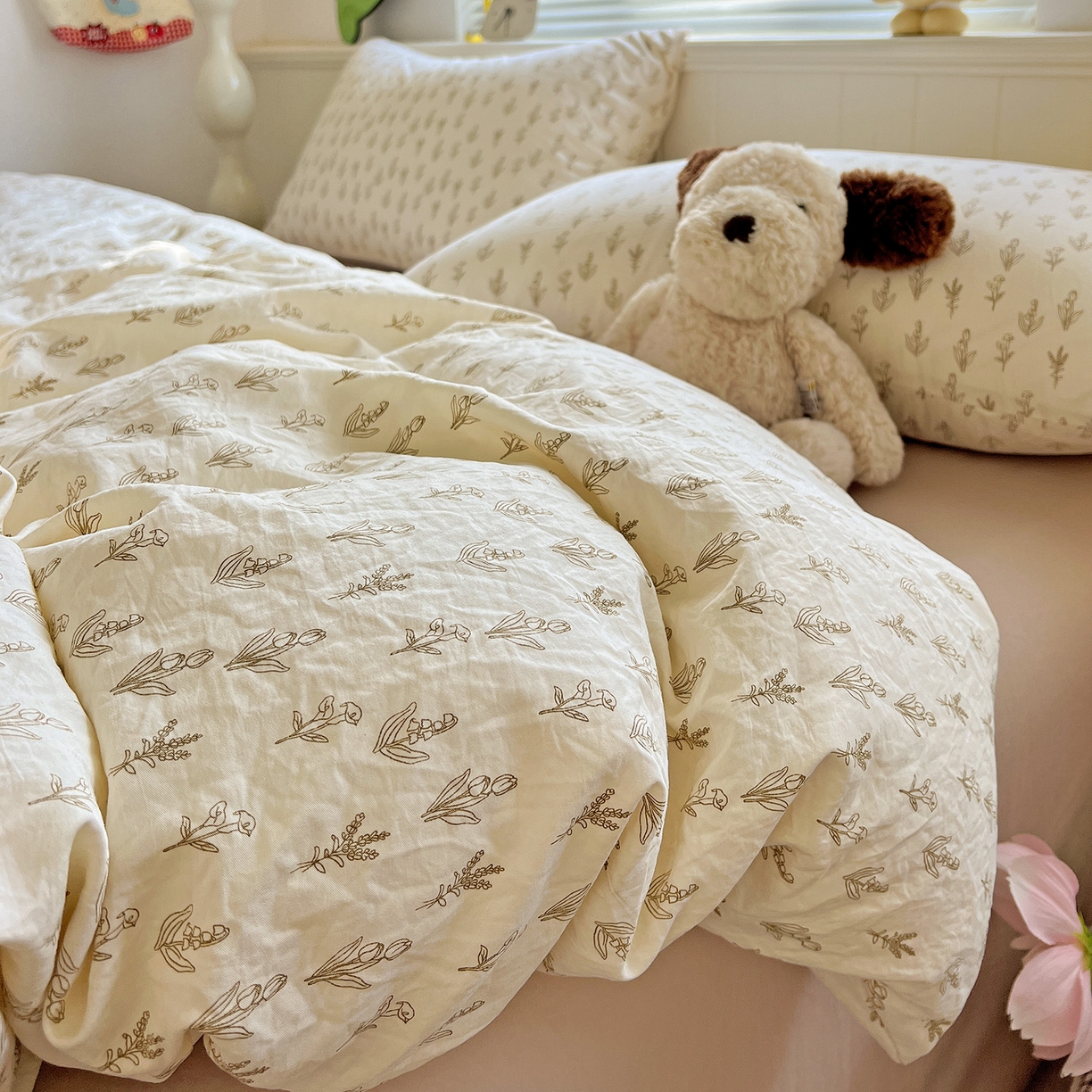 91家纺网 家纺一手货源 找家纺 优选 2025新款加厚爆款小布袋韩国古法水洗棉床单学生三件套床笠款四件套 素叶小筑