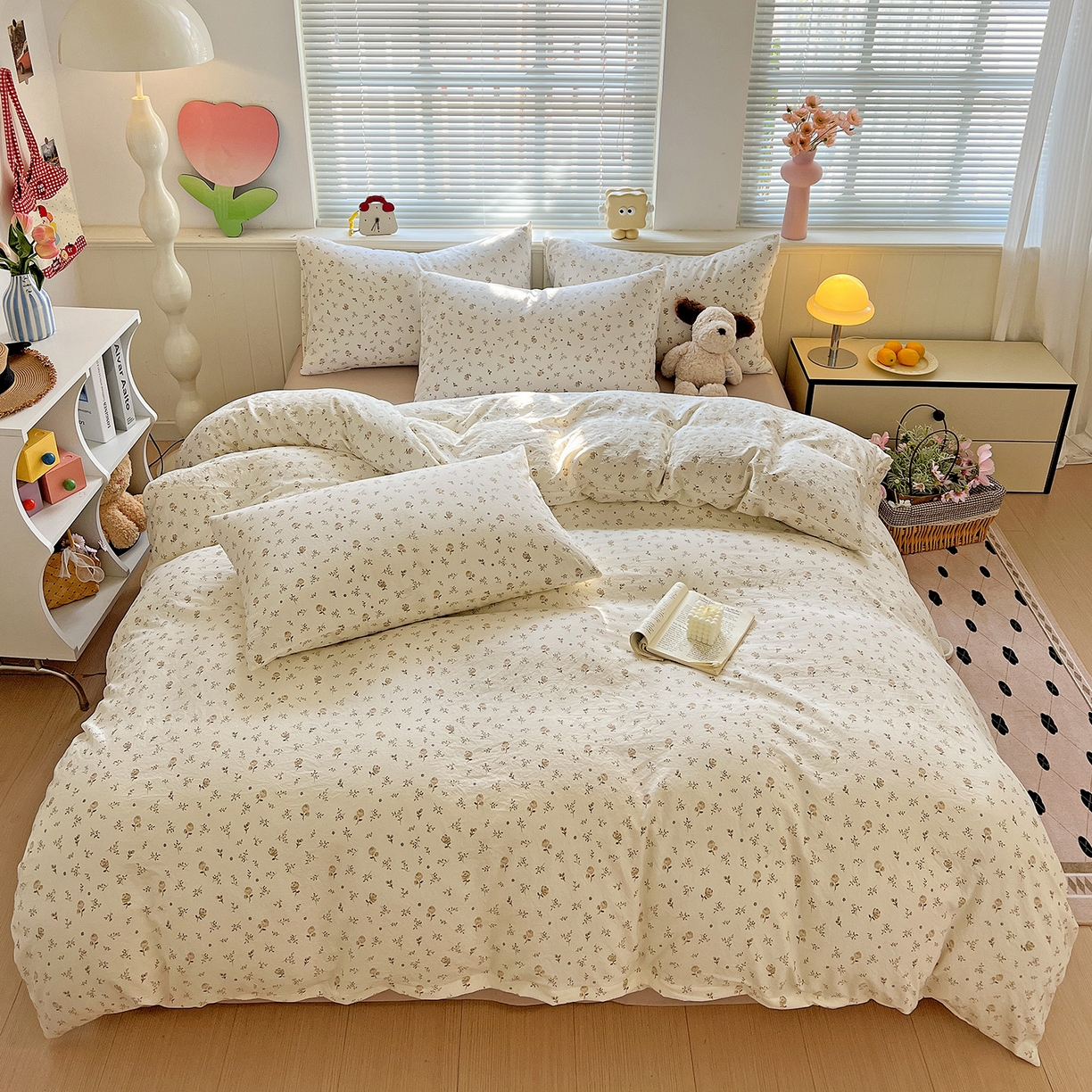 91家纺网 家纺一手货源 找家纺 优选 2025新款加厚爆款小布袋韩国古法高克重水洗棉床单学生三件套床笠款四件套 碎花集物