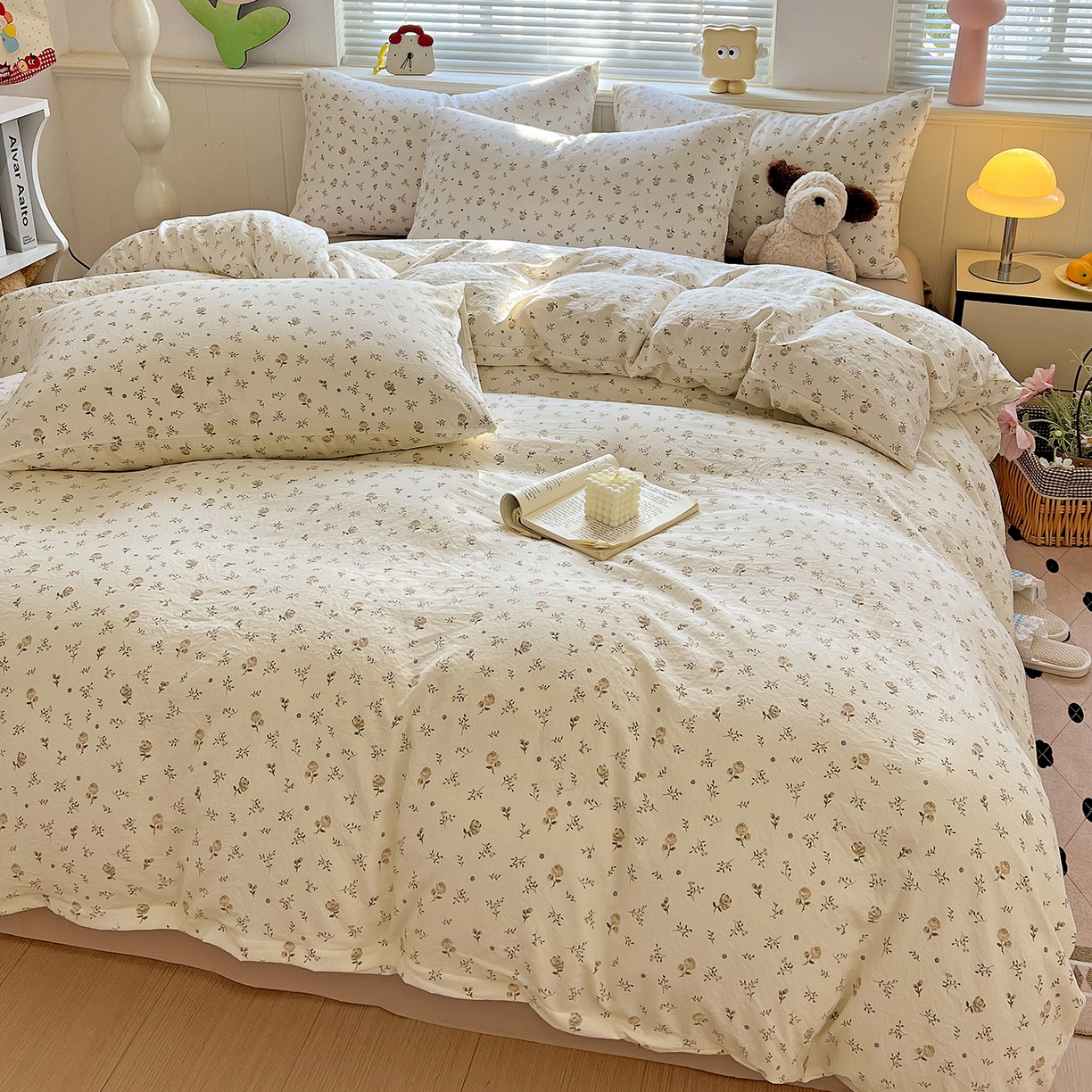 91家纺网 家纺一手货源 找家纺 优选 2025新款加厚爆款小布袋韩国古法高克重水洗棉床单学生三件套床笠款四件套 碎花集物