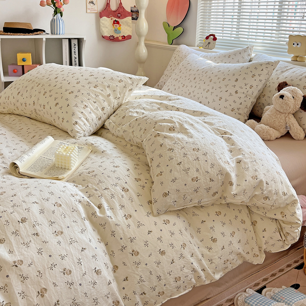 91家纺网 家纺一手货源 找家纺 优选 2025新款加厚爆款小布袋韩国古法高克重水洗棉床单学生三件套床笠款四件套 碎花集物