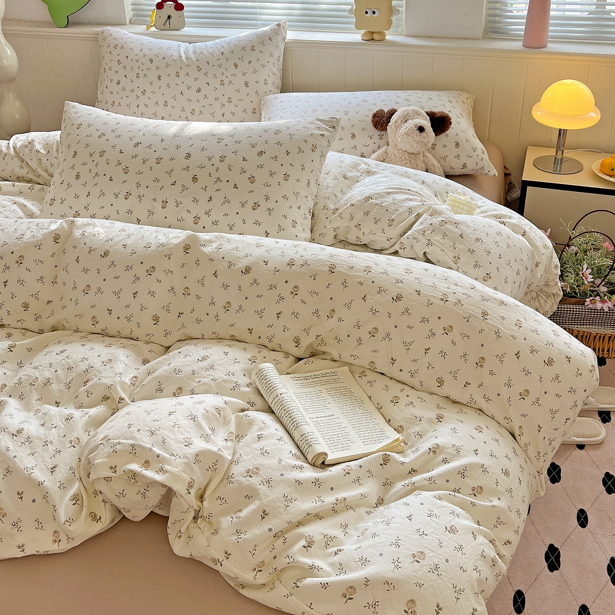 91家纺网 家纺一手货源 找家纺 优选 2025新款加厚爆款小布袋韩国古法高克重水洗棉床单学生三件套床笠款四件套 碎花集物