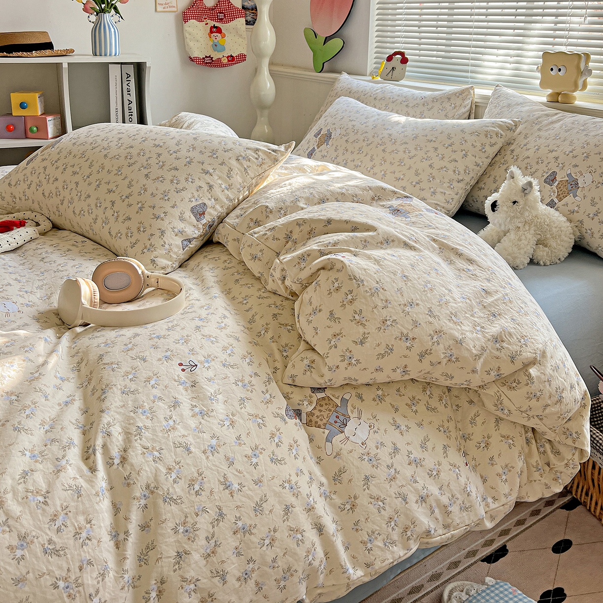 91家纺网 家纺一手货源 找家纺 优选 2025新款加厚爆款小布袋韩国古法水洗棉床单学生三件套床笠款四件套 碎花喵语