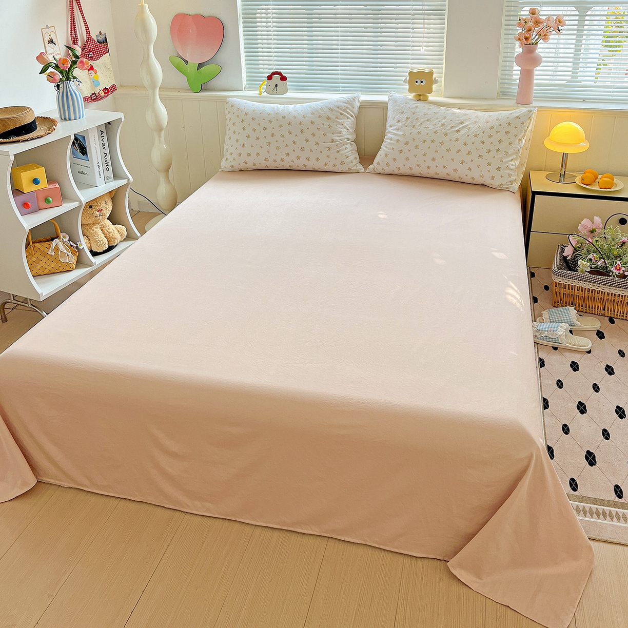 91家纺网 家纺一手货源 找家纺 优选 2025新款加厚爆款小布袋韩国古法高克重水洗棉床单学生三件套床笠款四件套 甜梦花坊