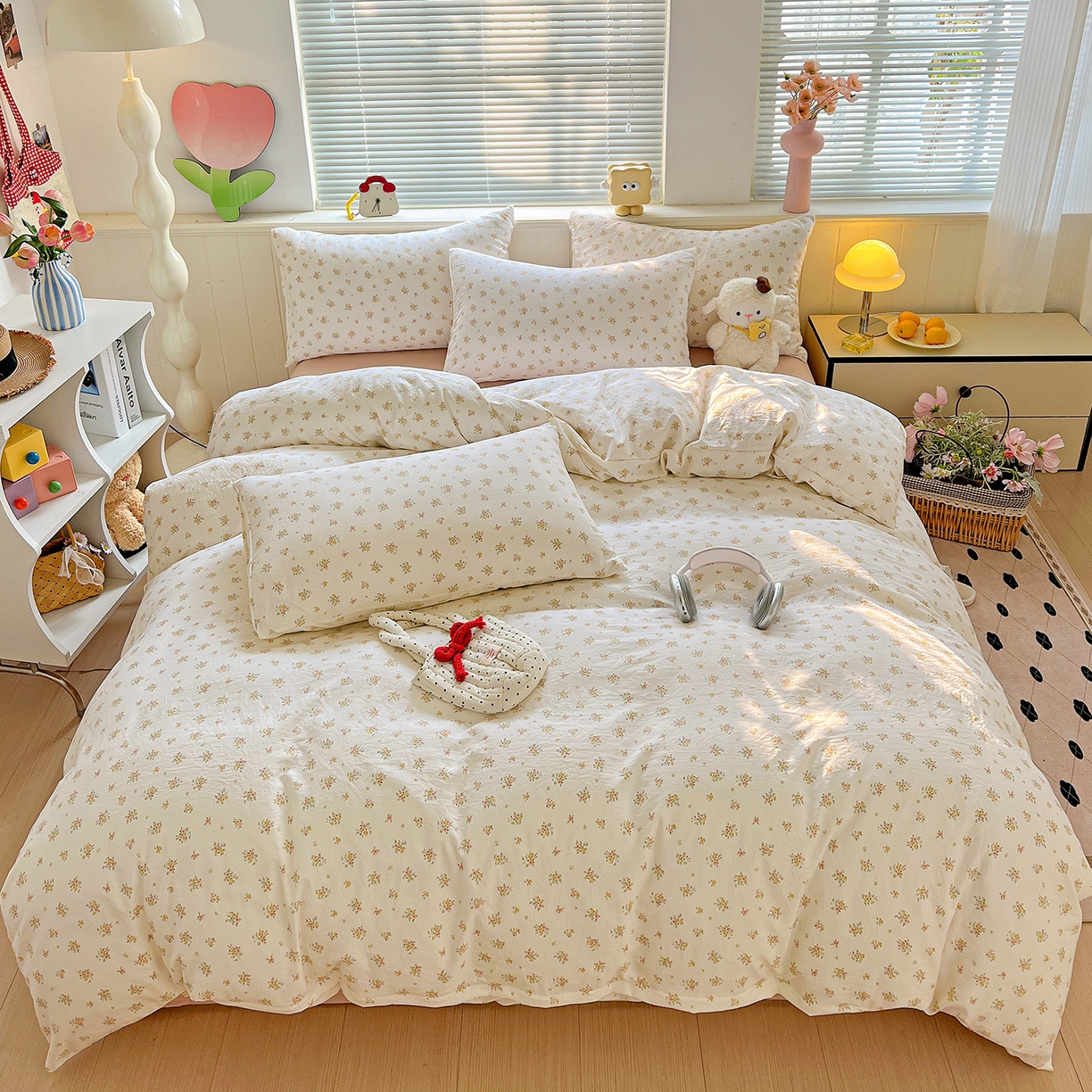 91家纺网 家纺一手货源 找家纺 优选 2025新款加厚爆款小布袋韩国古法高克重水洗棉床单学生三件套床笠款四件套 甜梦花坊