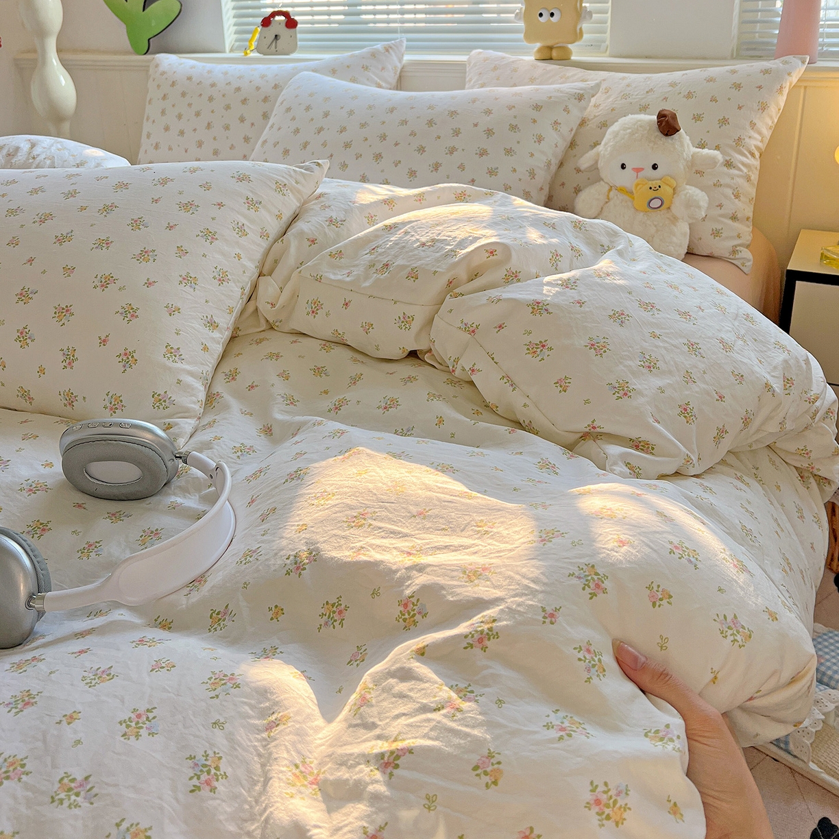 91家纺网 家纺一手货源 找家纺 优选 2025新款加厚爆款小布袋韩国古法高克重水洗棉床单学生三件套床笠款四件套 甜梦花坊