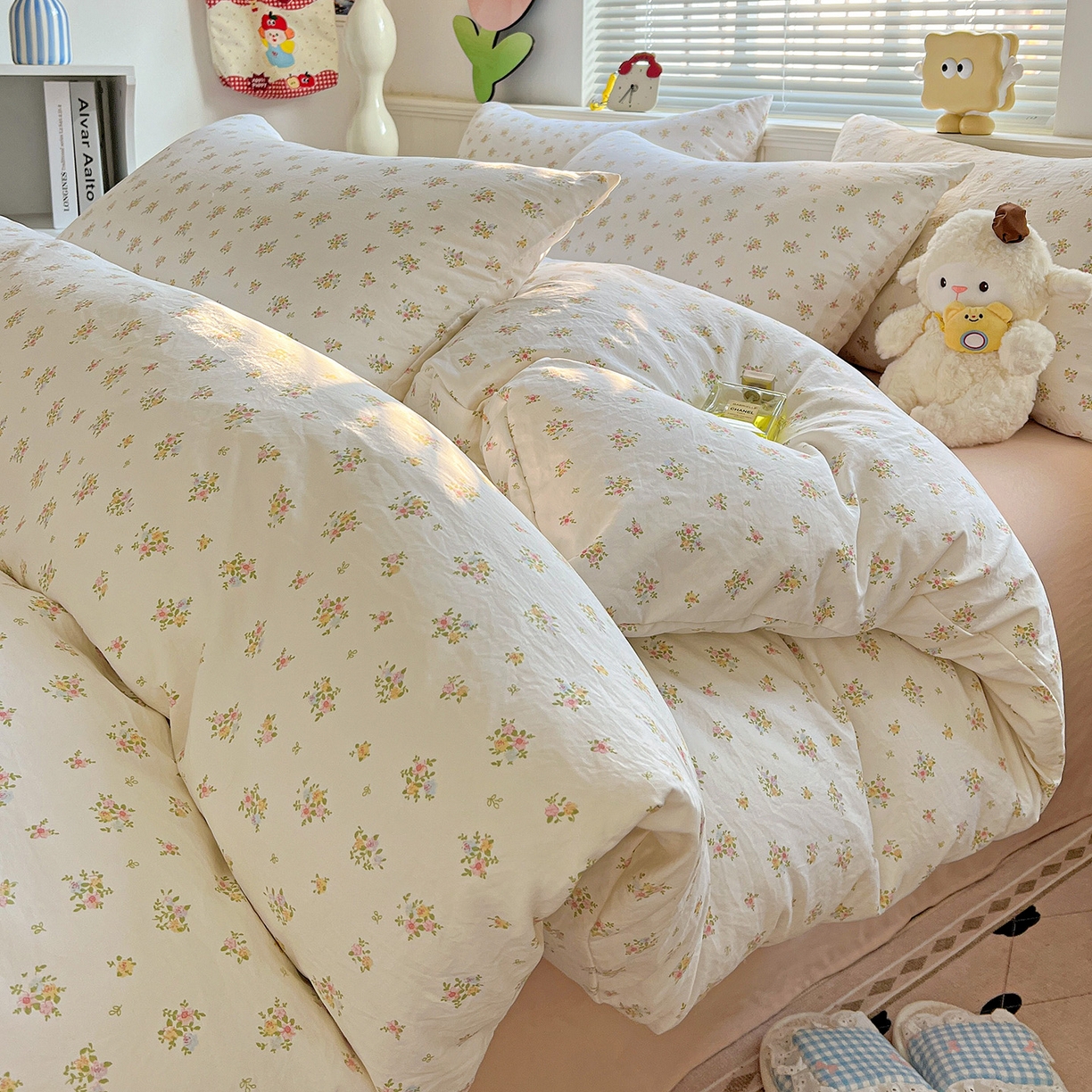 91家纺网 家纺一手货源 找家纺 优选 2025新款加厚爆款小布袋韩国古法高克重水洗棉床单学生三件套床笠款四件套 甜梦花坊