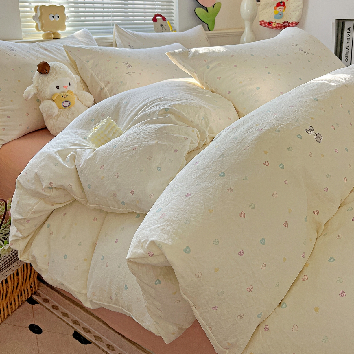 91家纺网 家纺一手货源 找家纺 优选 2025新款加厚爆款小布袋韩国古法高克重水洗棉床单学生三件套床笠款四件套 甜心软糖