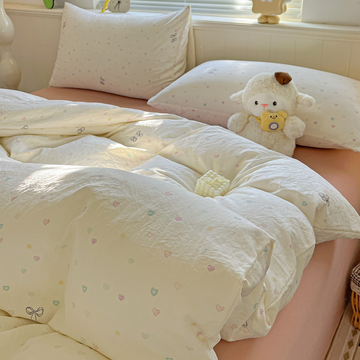 91家纺网 家纺一手货源 找家纺 优选 2025新款加厚爆款小布袋韩国古法高克重水洗棉床单学生三件套床笠款四件套 甜心软糖