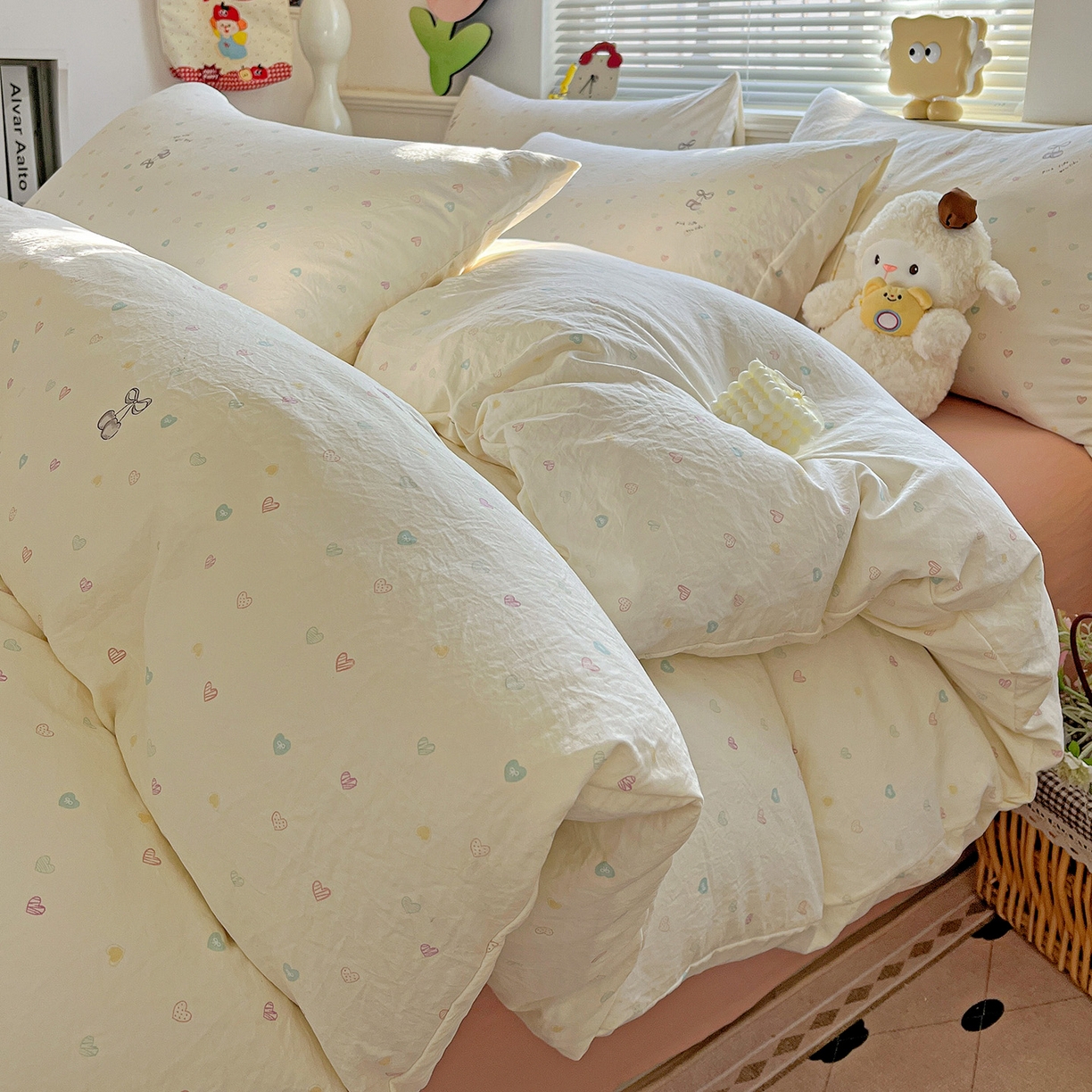 91家纺网 家纺一手货源 找家纺 优选 2025新款加厚爆款小布袋韩国古法高克重水洗棉床单学生三件套床笠款四件套 甜心软糖