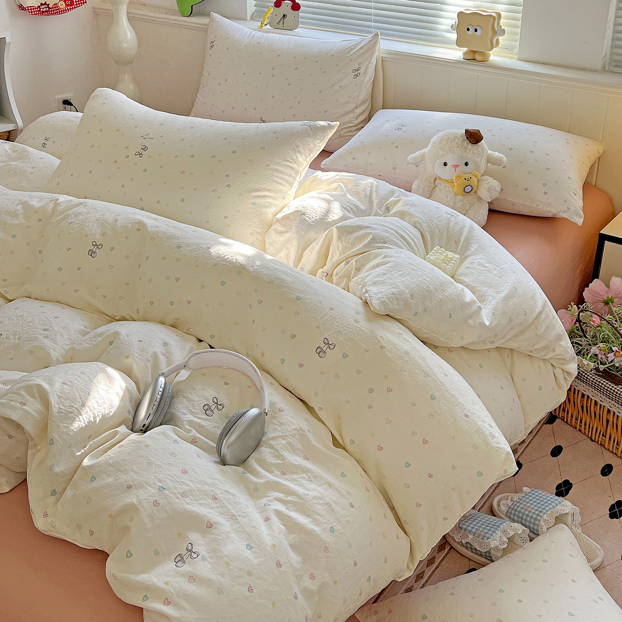 91家纺网 家纺一手货源 找家纺 优选 2025新款加厚爆款小布袋韩国古法高克重水洗棉床单学生三件套床笠款四件套 甜心软糖