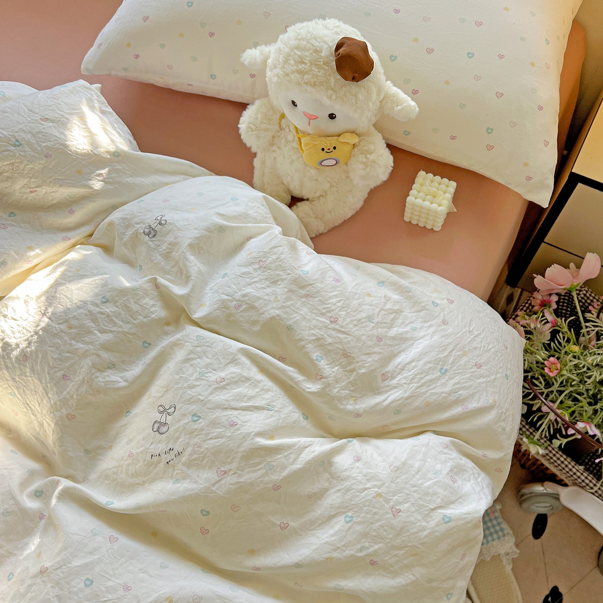 91家纺网 家纺一手货源 找家纺 优选 2025新款加厚爆款小布袋韩国古法高克重水洗棉床单学生三件套床笠款四件套 甜心软糖