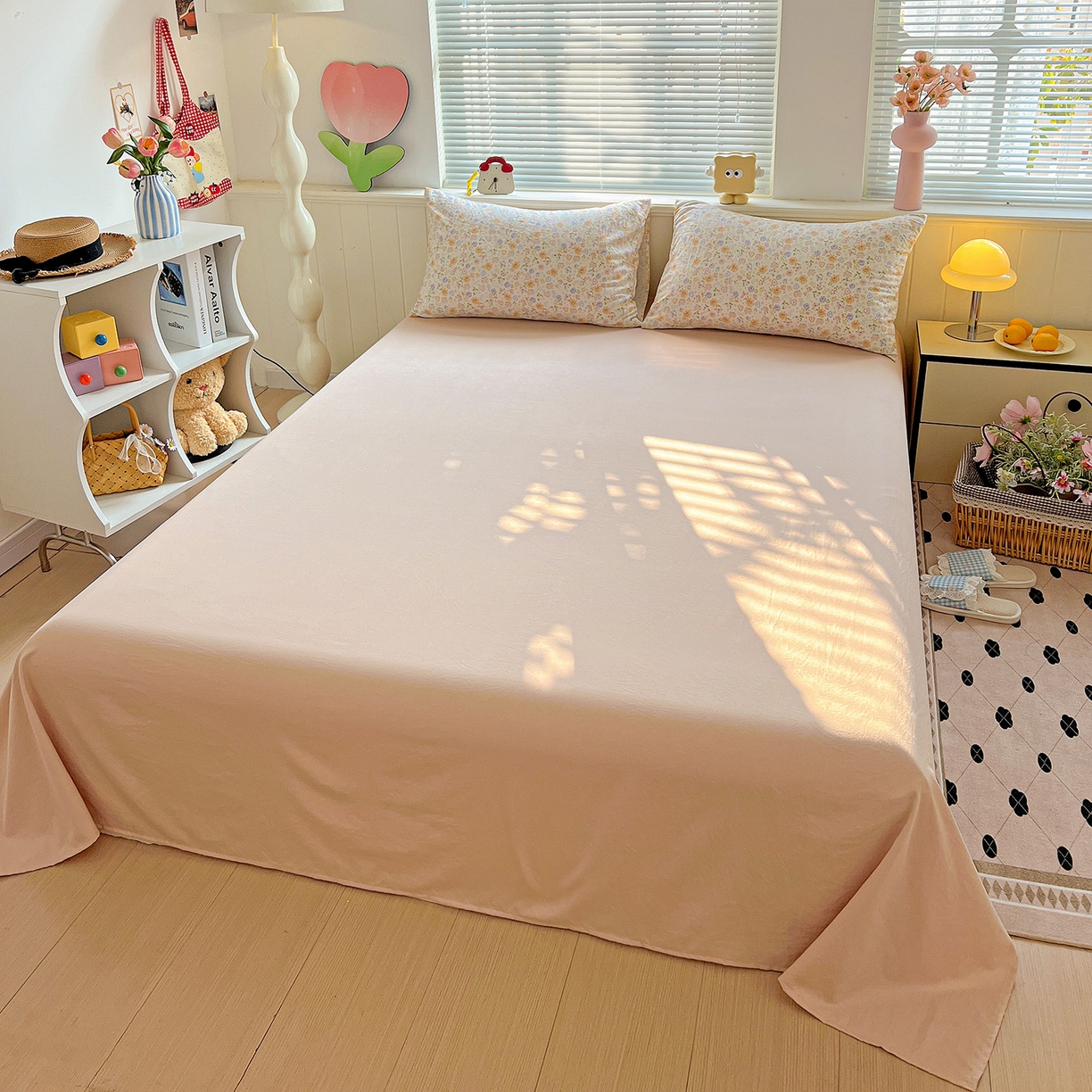 91家纺网 家纺一手货源 找家纺 暖芯优选 2025新款加厚爆款小布袋韩国古法水洗棉床单学生三件套床笠款四件套 缤纷花舍