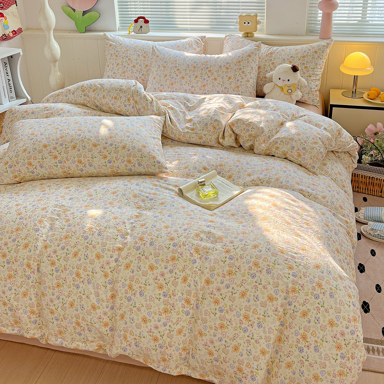 91家纺网 家纺一手货源 找家纺 暖芯优选 2025新款加厚爆款小布袋韩国古法水洗棉床单学生三件套床笠款四件套 缤纷花舍