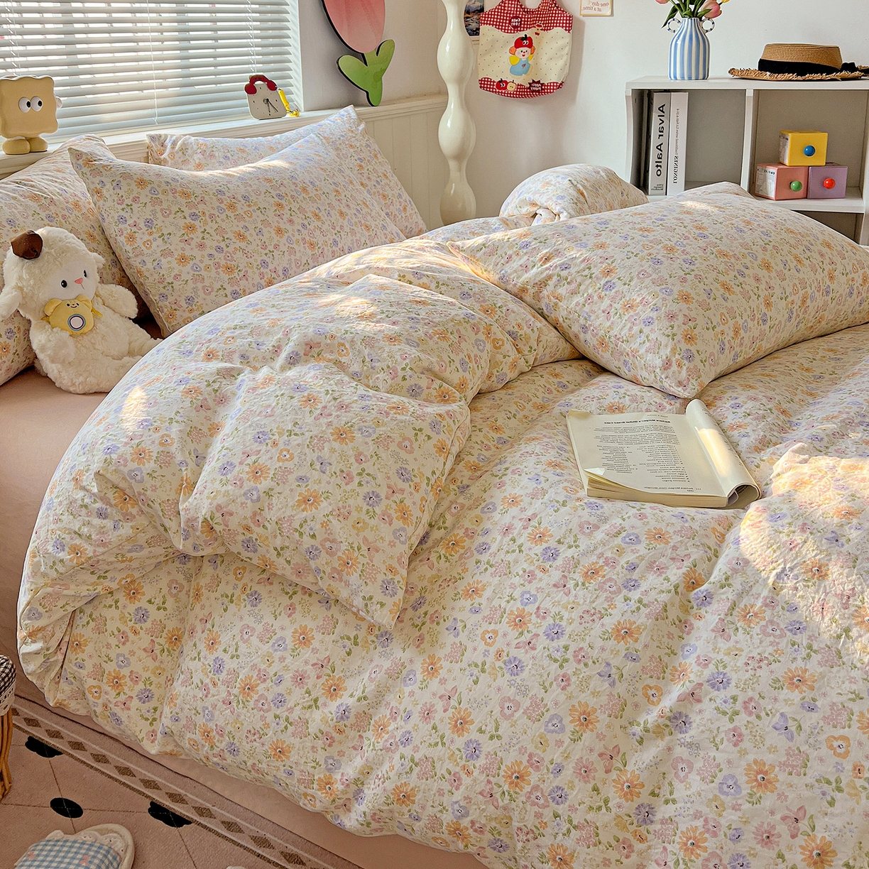 91家纺网 家纺一手货源 找家纺 暖芯优选 2025新款加厚爆款小布袋韩国古法水洗棉床单学生三件套床笠款四件套 缤纷花舍