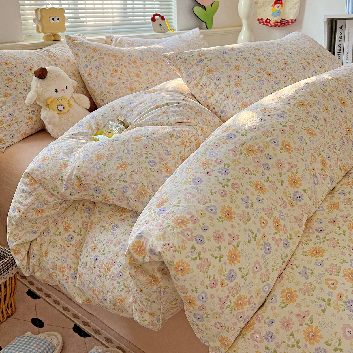 91家纺网 家纺一手货源 找家纺 暖芯优选 2025新款加厚爆款小布袋韩国古法水洗棉床单学生三件套床笠款四件套 缤纷花舍