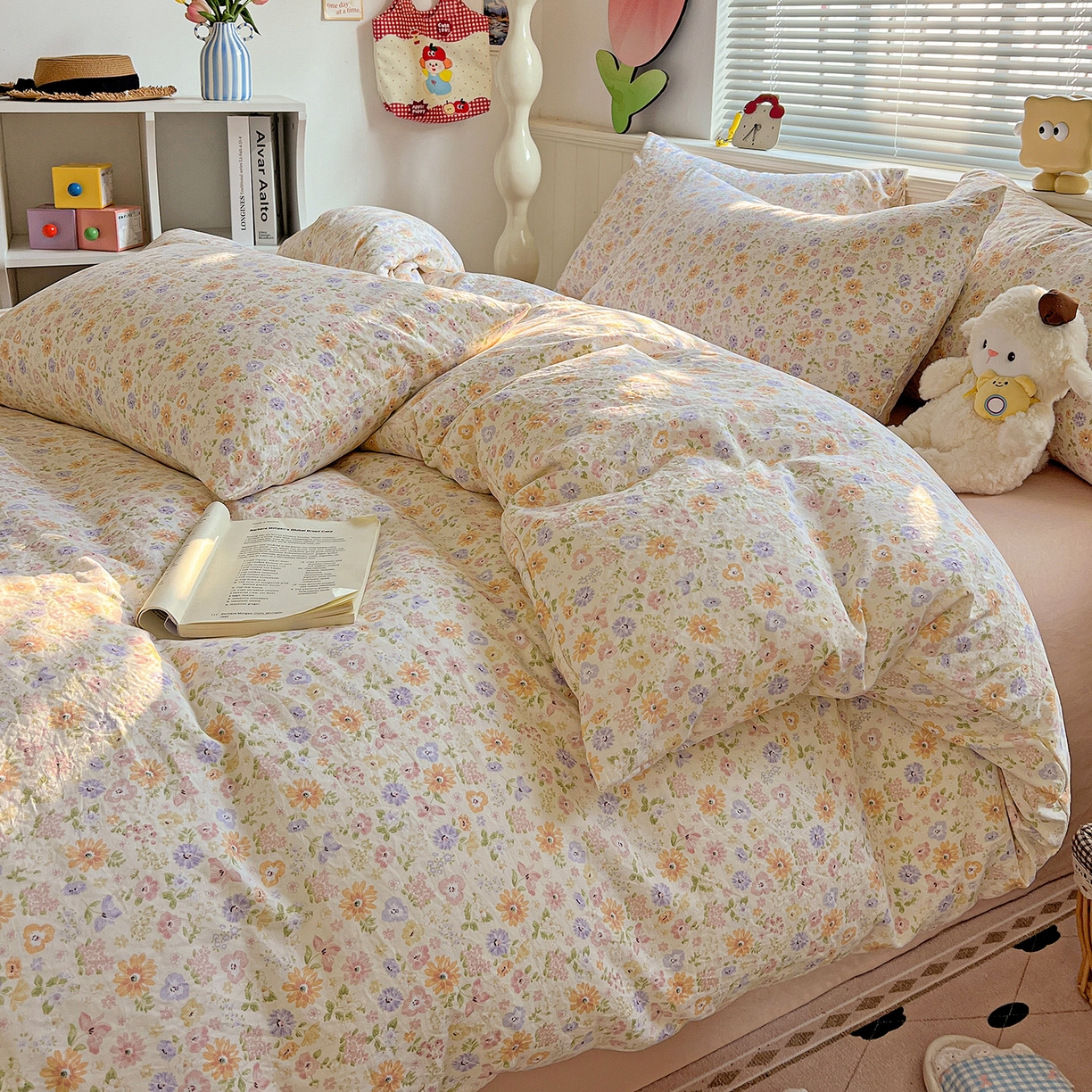 91家纺网 家纺一手货源 找家纺 暖芯优选 2025新款加厚爆款小布袋韩国古法水洗棉床单学生三件套床笠款四件套 缤纷花舍