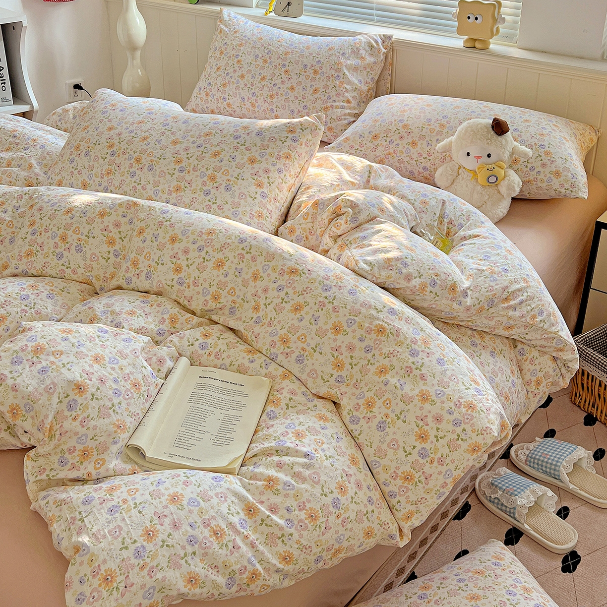 91家纺网 家纺一手货源 找家纺 暖芯优选 2025新款加厚爆款小布袋韩国古法水洗棉床单学生三件套床笠款四件套 缤纷花舍