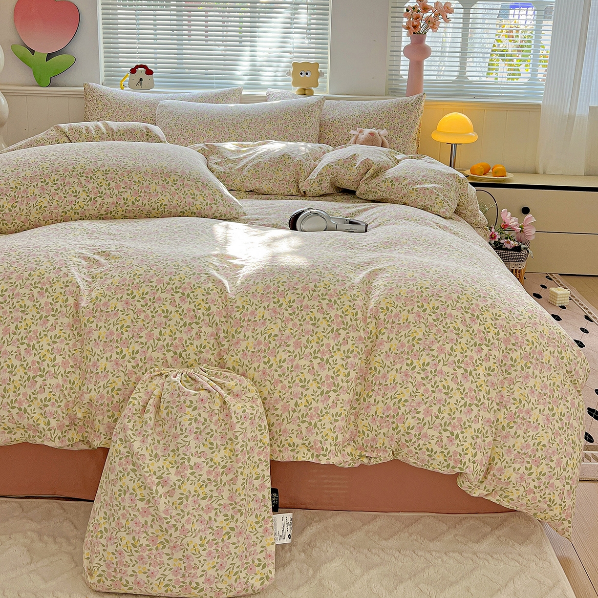 优选 2025新款加厚爆款小布袋韩国古法高克重水洗棉床单学生三件套床笠款四件套 午后花房