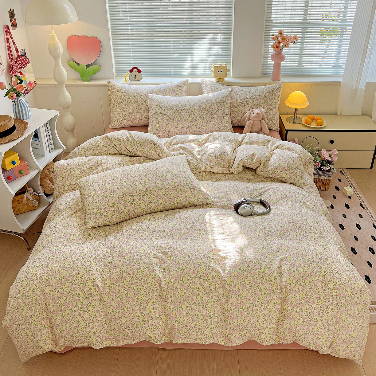 91家纺网 家纺一手货源 找家纺 优选 2025新款加厚爆款小布袋韩国古法高克重水洗棉床单学生三件套床笠款四件套 午后花房