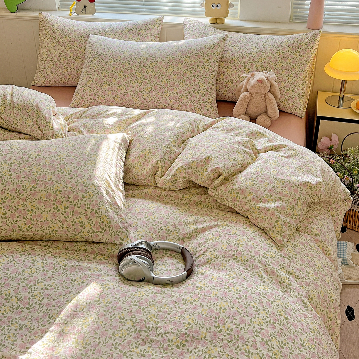 91家纺网 家纺一手货源 找家纺 优选 2025新款加厚爆款小布袋韩国古法高克重水洗棉床单学生三件套床笠款四件套 午后花房