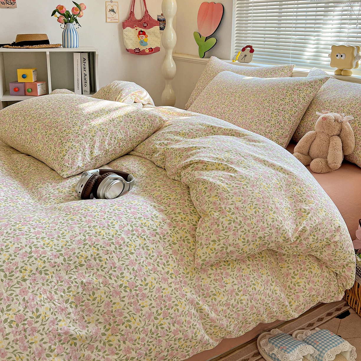 91家纺网 家纺一手货源 找家纺 优选 2025新款加厚爆款小布袋韩国古法高克重水洗棉床单学生三件套床笠款四件套 午后花房