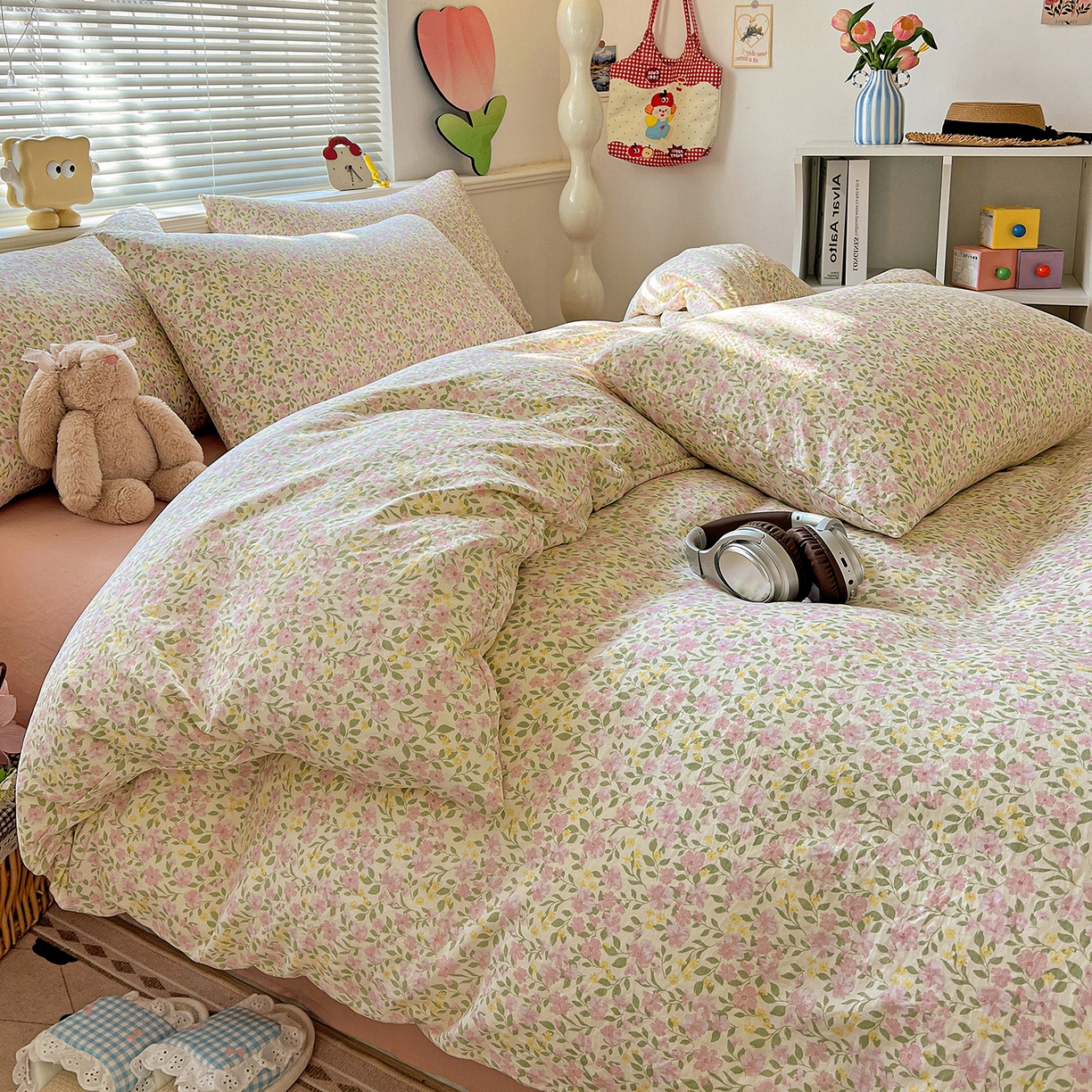 91家纺网 家纺一手货源 找家纺 优选 2025新款加厚爆款小布袋韩国古法高克重水洗棉床单学生三件套床笠款四件套 午后花房