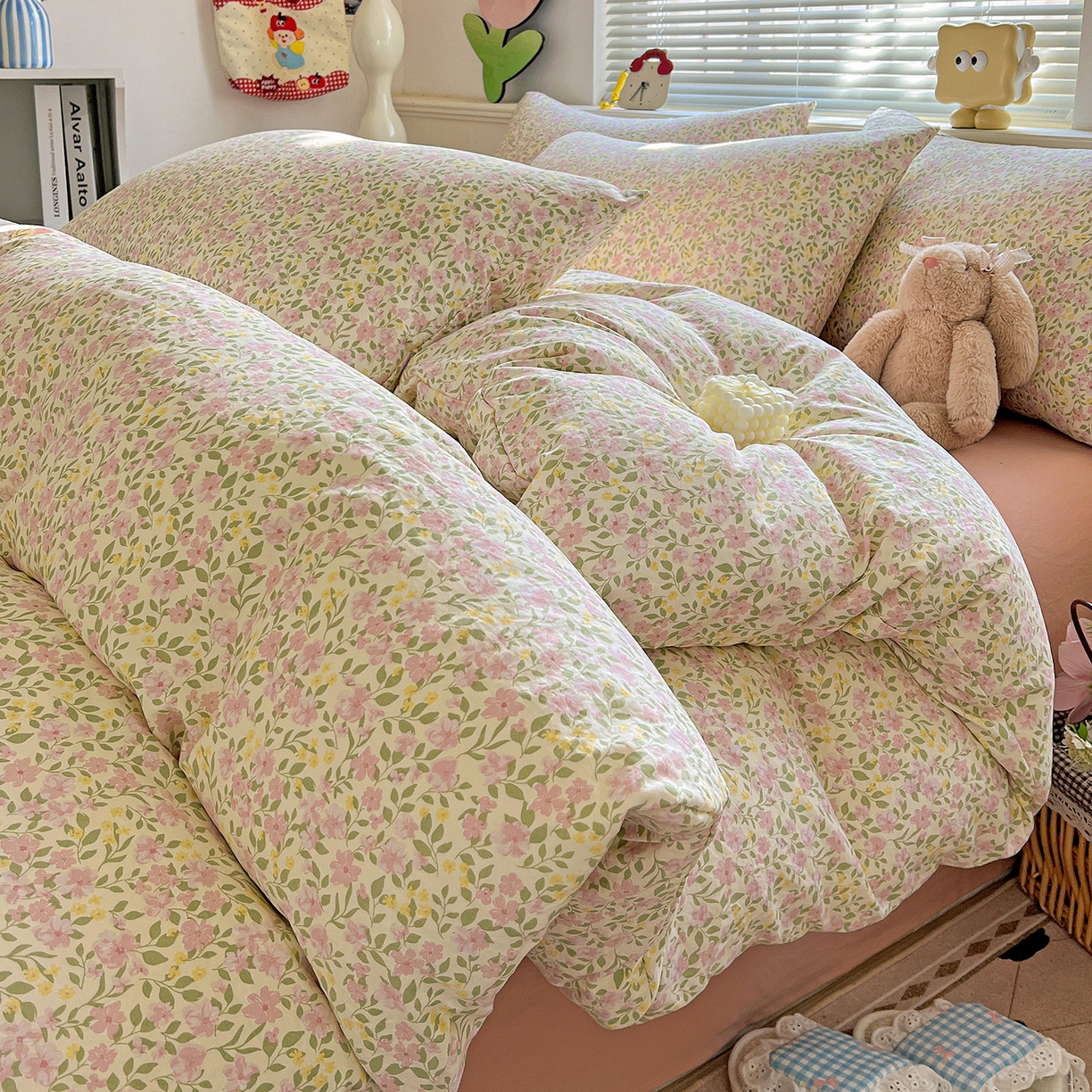 91家纺网 家纺一手货源 找家纺 优选 2025新款加厚爆款小布袋韩国古法高克重水洗棉床单学生三件套床笠款四件套 午后花房