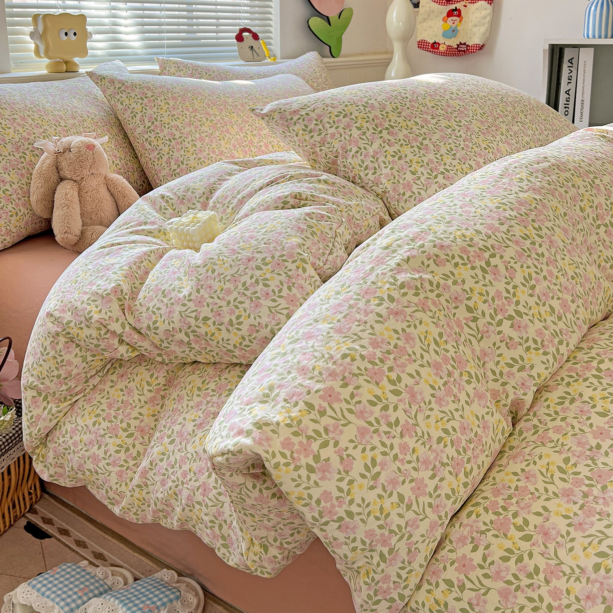 91家纺网 家纺一手货源 找家纺 优选 2025新款加厚爆款小布袋韩国古法高克重水洗棉床单学生三件套床笠款四件套 午后花房