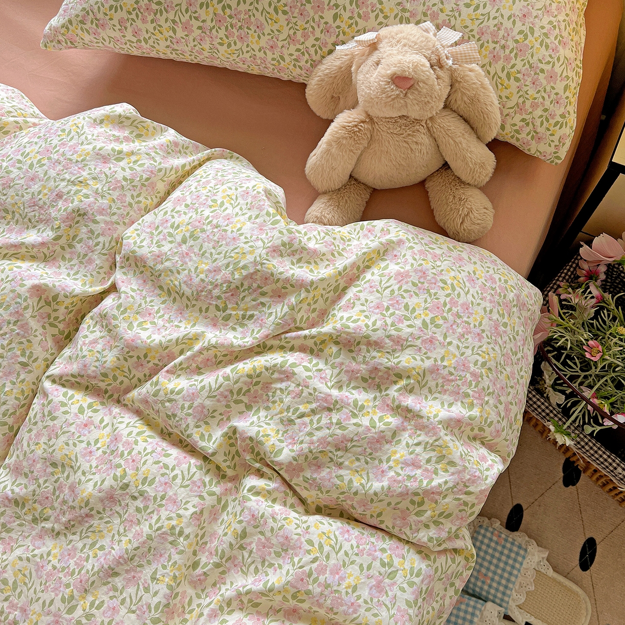 91家纺网 家纺一手货源 找家纺 优选 2025新款加厚爆款小布袋韩国古法高克重水洗棉床单学生三件套床笠款四件套 午后花房