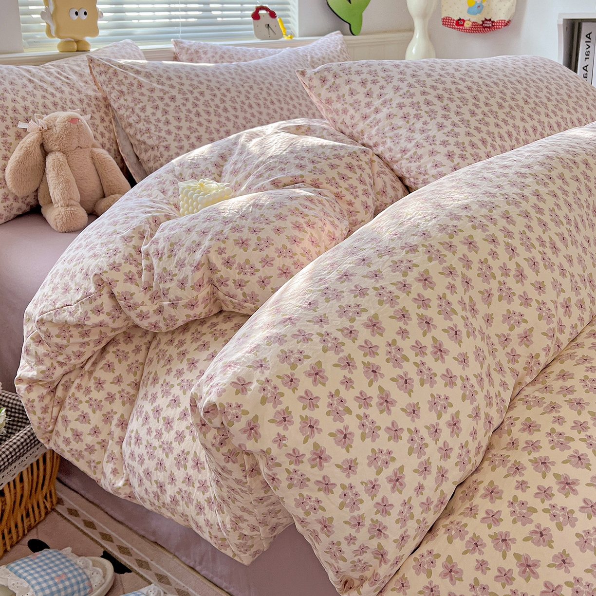 91家纺网 家纺一手货源 找家纺 暖芯优选 2025新款加厚爆款小布袋韩国古法水洗棉床单学生三件套床笠款四件套 春日花信