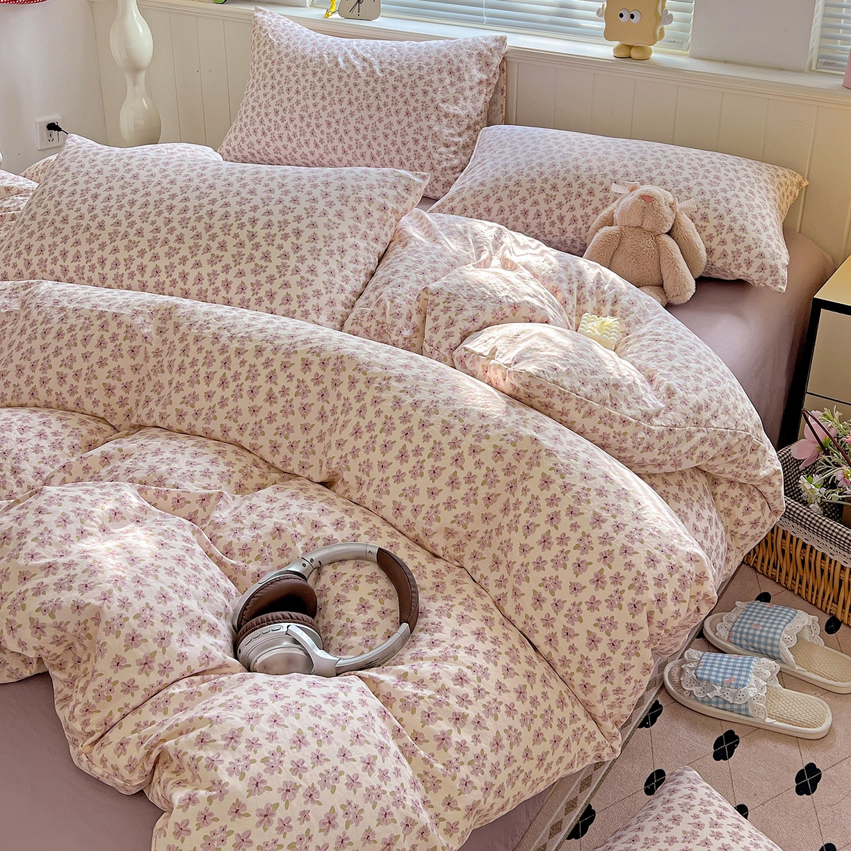 91家纺网 家纺一手货源 找家纺 暖芯优选 2025新款加厚爆款小布袋韩国古法水洗棉床单学生三件套床笠款四件套 春日花信