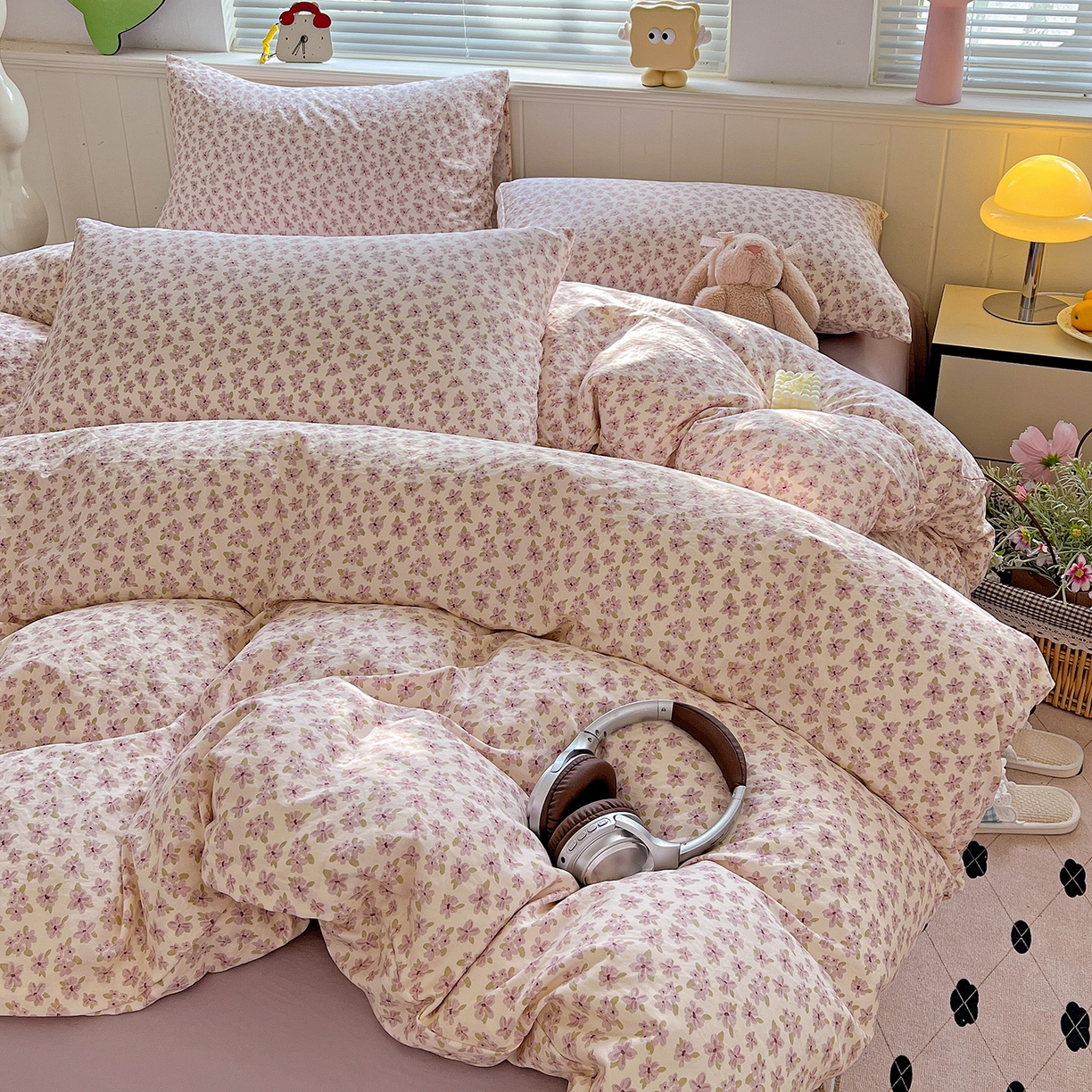 91家纺网 家纺一手货源 找家纺 暖芯优选 2025新款加厚爆款小布袋韩国古法水洗棉床单学生三件套床笠款四件套 春日花信