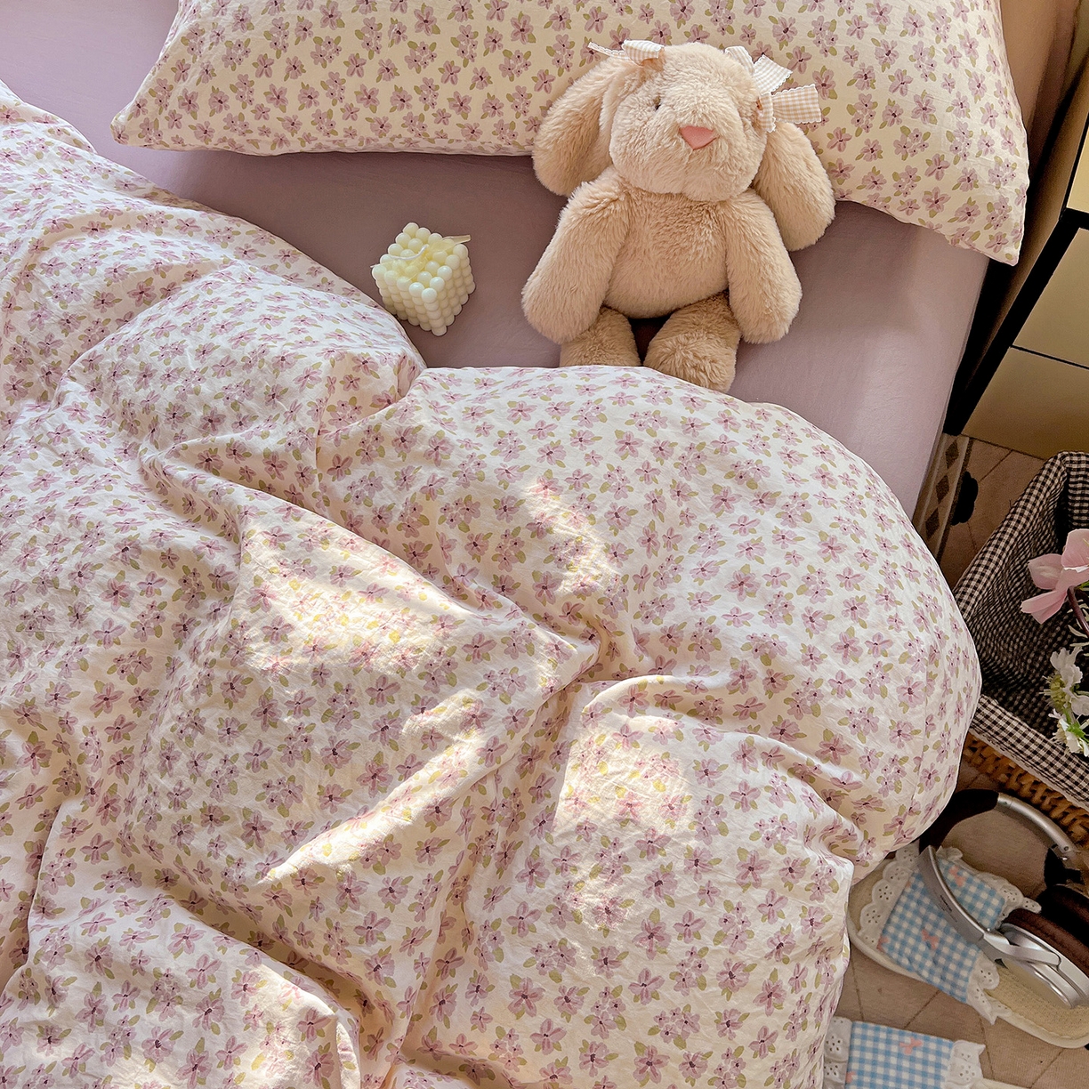 91家纺网 家纺一手货源 找家纺 暖芯优选 2025新款加厚爆款小布袋韩国古法水洗棉床单学生三件套床笠款四件套 春日花信