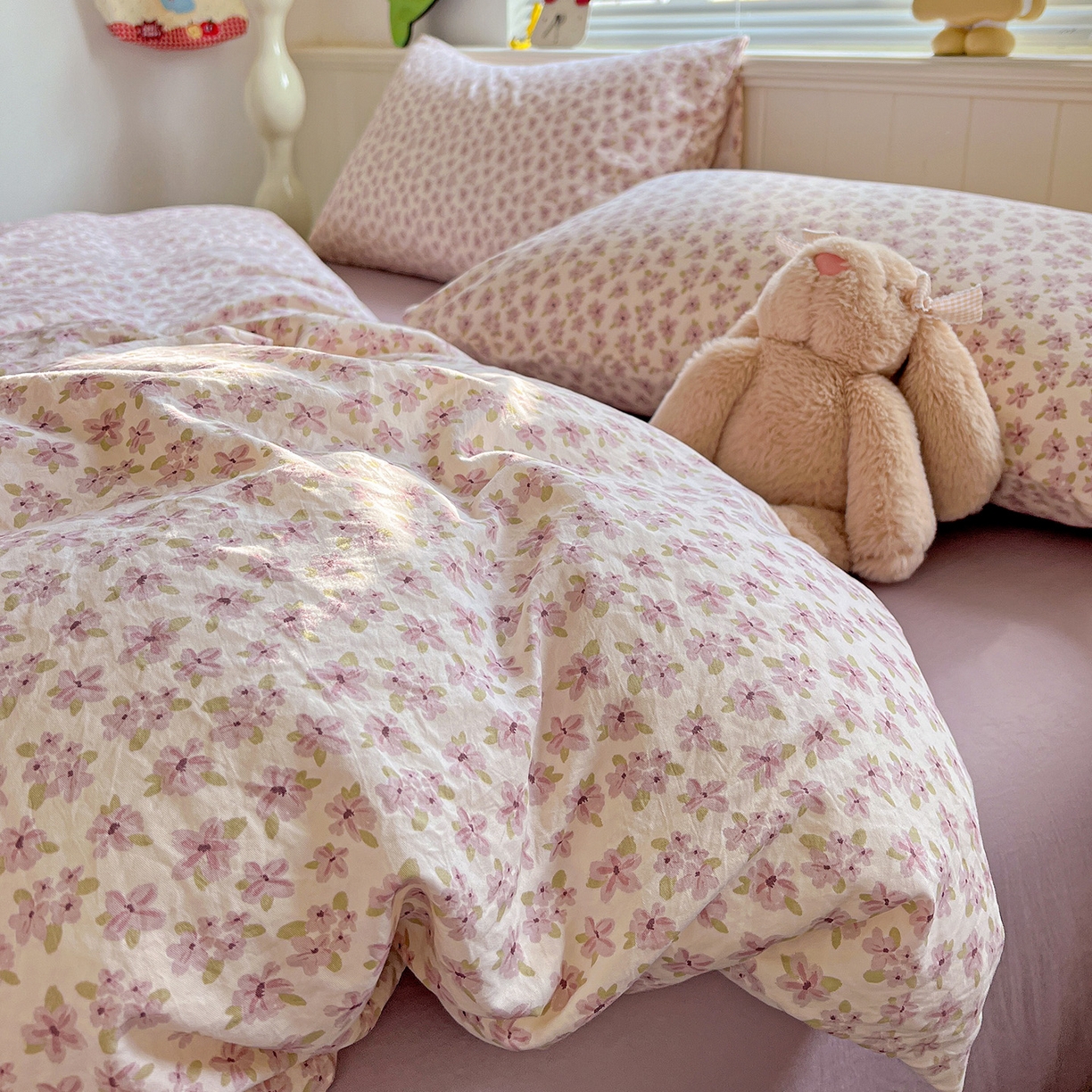 91家纺网 家纺一手货源 找家纺 暖芯优选 2025新款加厚爆款小布袋韩国古法水洗棉床单学生三件套床笠款四件套 春日花信