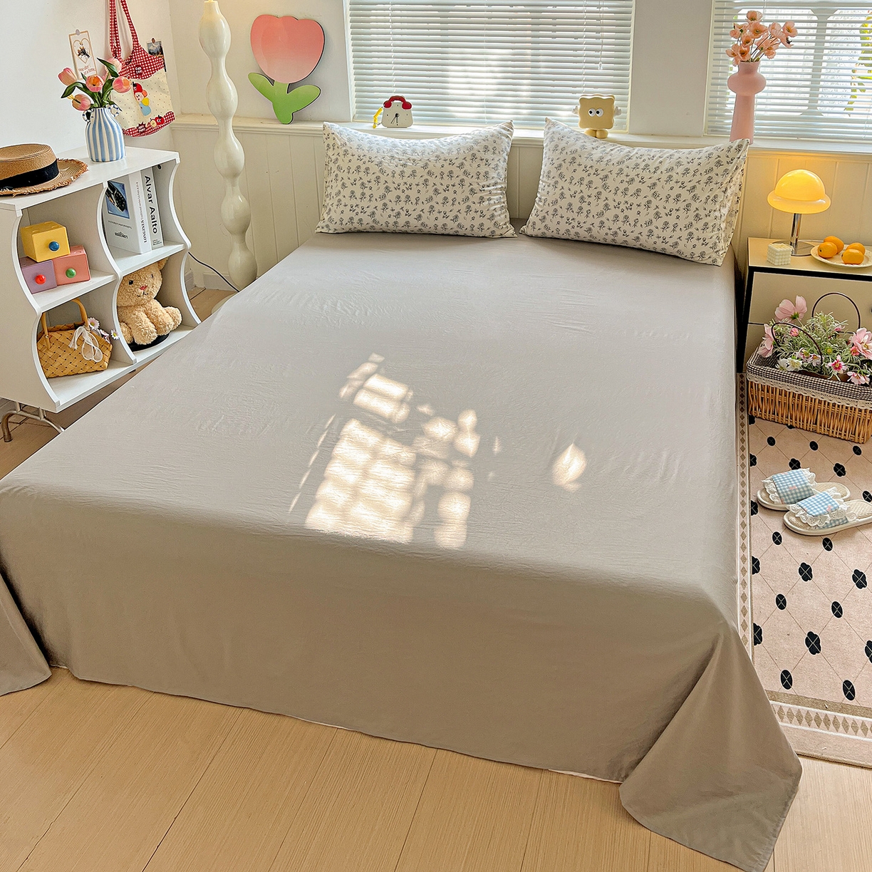 91家纺网 家纺一手货源 找家纺 优选 2025新款加厚爆款小布袋韩国古法高克重水洗棉床单学生三件套床笠款四件套 线描花集