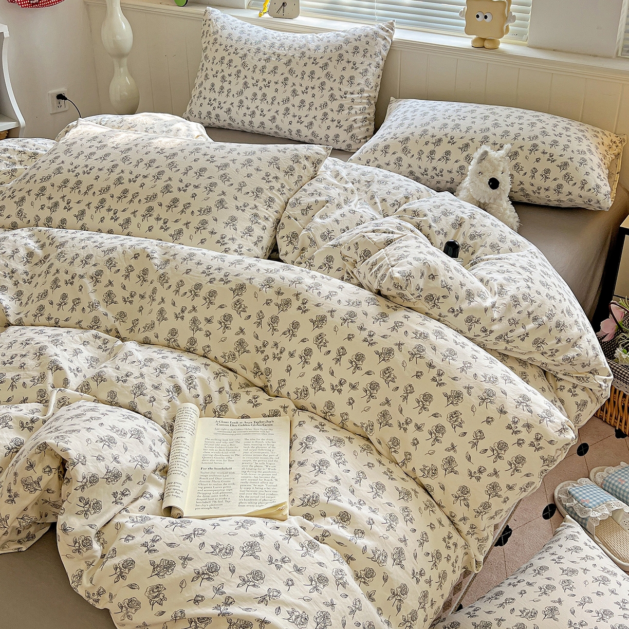 91家纺网 家纺一手货源 找家纺 优选 2025新款加厚爆款小布袋韩国古法高克重水洗棉床单学生三件套床笠款四件套 线描花集