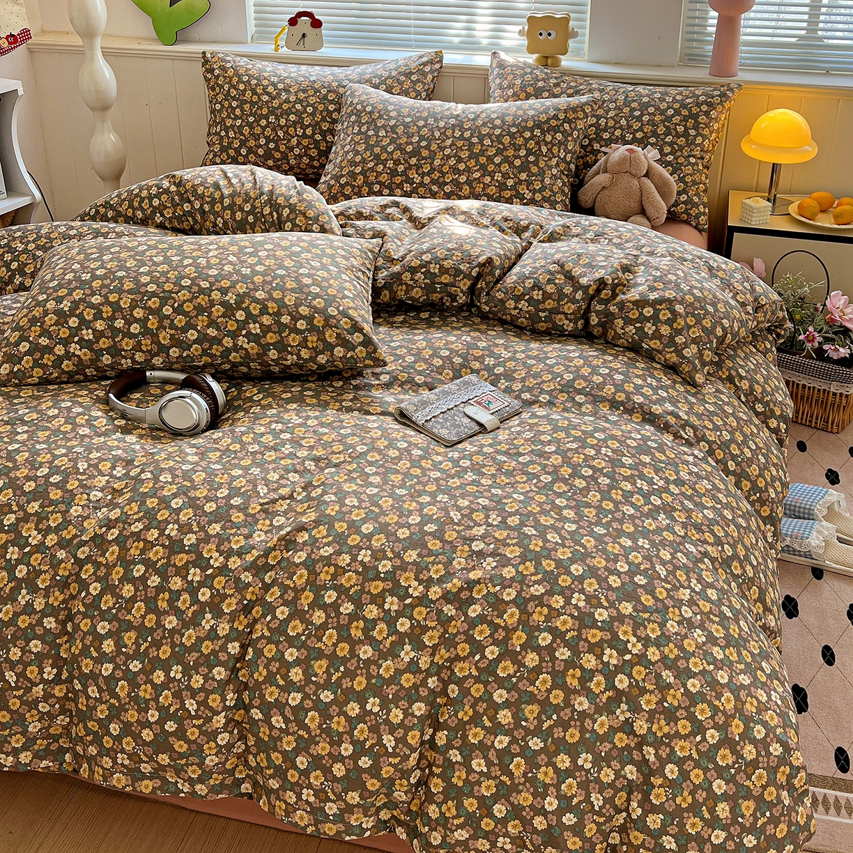 91家纺网 家纺一手货源 找家纺 暖芯优选 2025新款加厚爆款小布袋韩国古法水洗棉床单学生三件套床笠款四件套 复古花田