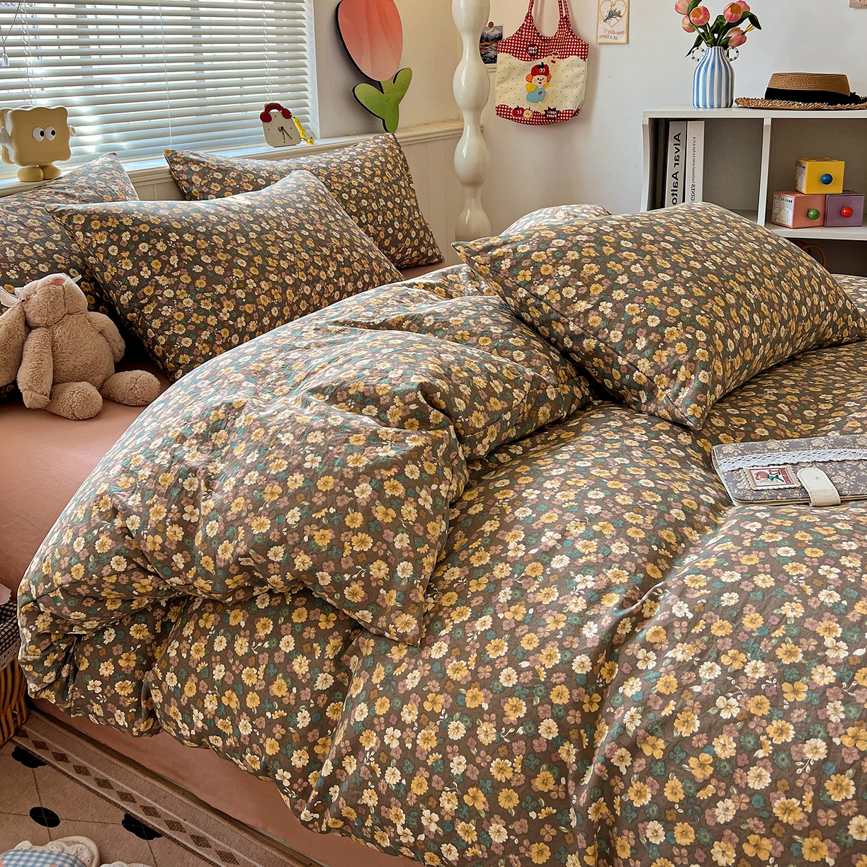 91家纺网 家纺一手货源 找家纺 暖芯优选 2025新款加厚爆款小布袋韩国古法水洗棉床单学生三件套床笠款四件套 复古花田