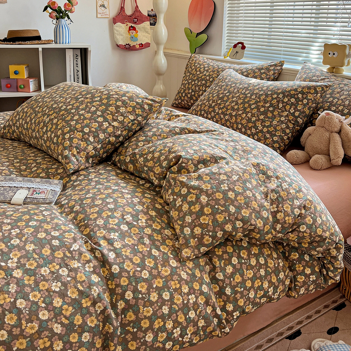 91家纺网 家纺一手货源 找家纺 暖芯优选 2025新款加厚爆款小布袋韩国古法水洗棉床单学生三件套床笠款四件套 复古花田