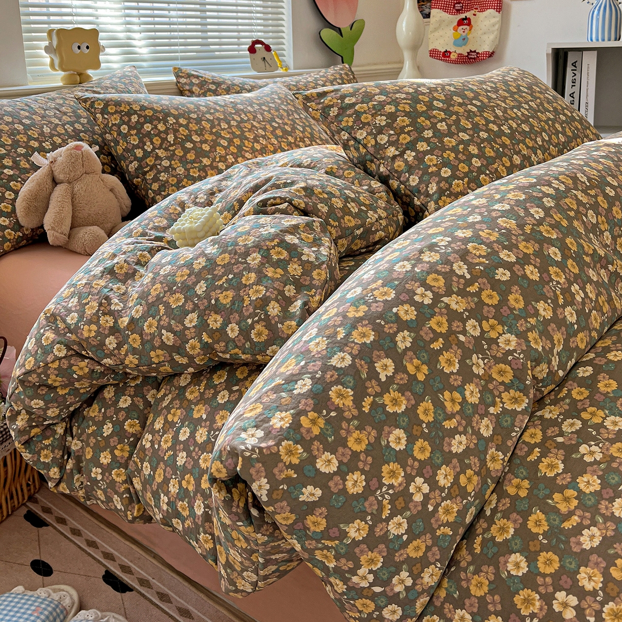 91家纺网 家纺一手货源 找家纺 暖芯优选 2025新款加厚爆款小布袋韩国古法水洗棉床单学生三件套床笠款四件套 复古花田