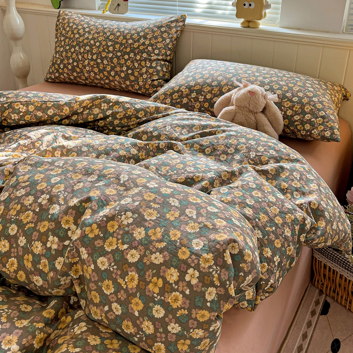 91家纺网 家纺一手货源 找家纺 暖芯优选 2025新款加厚爆款小布袋韩国古法水洗棉床单学生三件套床笠款四件套 复古花田