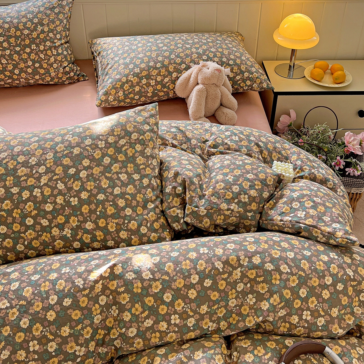 91家纺网 家纺一手货源 找家纺 暖芯优选 2025新款加厚爆款小布袋韩国古法水洗棉床单学生三件套床笠款四件套 复古花田