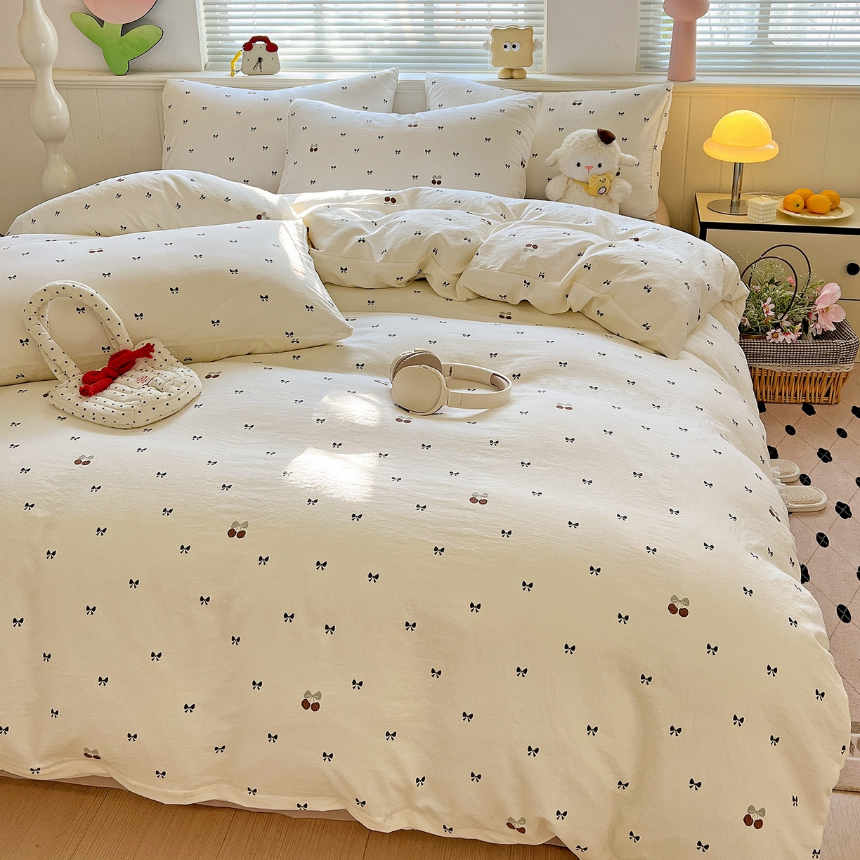 91家纺网 家纺一手货源 找家纺 暖芯优选 2025新款加厚爆款小布袋韩国古法水洗棉床单学生三件套床笠款四件套 蝴蝶结日记