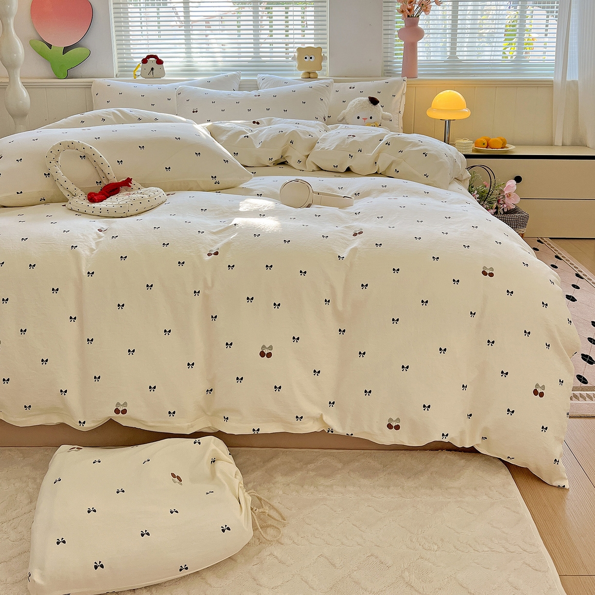 91家纺网 家纺一手货源 找家纺 暖芯优选 2025新款加厚爆款小布袋韩国古法水洗棉床单学生三件套床笠款四件套 蝴蝶结日记