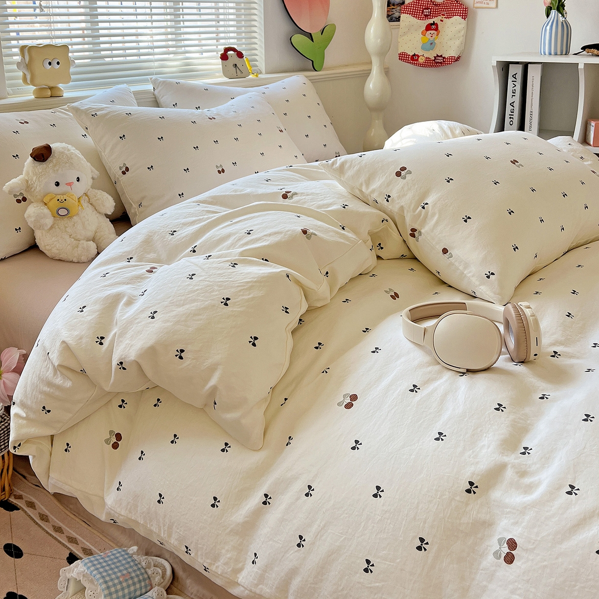 91家纺网 家纺一手货源 找家纺 暖芯优选 2025新款加厚爆款小布袋韩国古法水洗棉床单学生三件套床笠款四件套 蝴蝶结日记