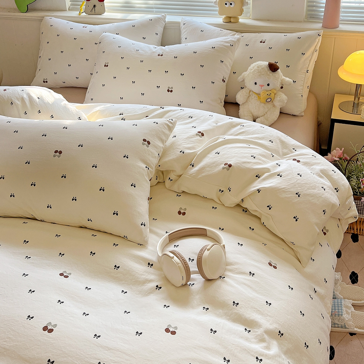 91家纺网 家纺一手货源 找家纺 暖芯优选 2025新款加厚爆款小布袋韩国古法水洗棉床单学生三件套床笠款四件套 蝴蝶结日记